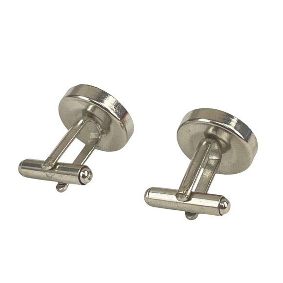 Round Silver Cufflinks With Blue & Pink Swirl Fabric Design - Picture 3 of 5